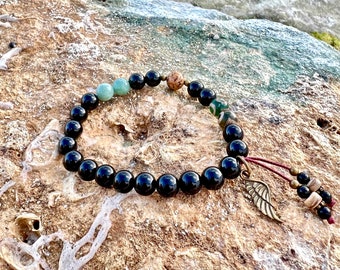 Men’s Angel Mala Bracelet | Black Onyx | Light Green Moss Agate | Dzi Agate | Picture Jasper | Natural Coconut Shell | Angelic Connection