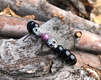 Men’s Imperial Mala Bracelet | 10mm Black Onyx | Rubellite Tourmaline | Gemstone Mala Beads | Silver Sugar Skulls | Strength | Grounding