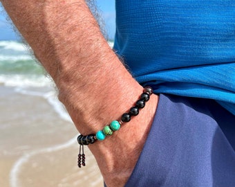 NEW! Men’s Forever Love Mala Bracelet | Natural Blue & Green Turquoise | Black Tourmaline | Garnet | Lasting Deep Heart-Centered Love