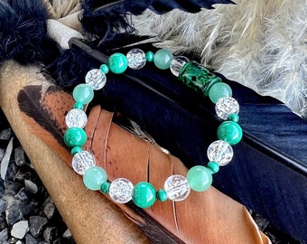 Rich Blessings Mala Bracelet | Gorgeous Carved Natural Jade | Green Adventurine | Malachite | Clear Crackle Quartz | Success | Abundance