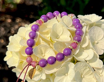 Inner Magic Mala Bracelet | Natural Phosphosiderite | Genuine Ruby | Purple Charoite | Pink Tourmaline | Hand Painted Bead Italy
