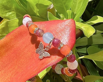 Butterfly Spirit Mala Bracelet | Aquamarine | Watermelon Tourmaline | Agate | Moonstone | Transcendence | Connect with Those who’ve Passed