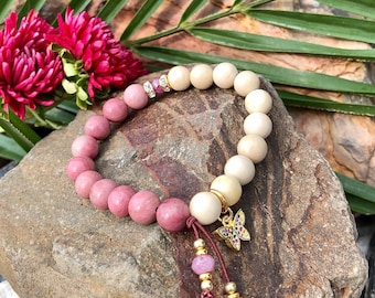 Butterfly Kisses Mala Bracelet | Pink Rhodonite | Ivory Fossil Jasper | Ruby | Natural Gemstones | Heart Chakra | Love | Peace | Comfort