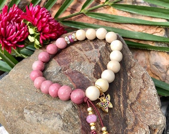 Butterfly Kisses Mala Bracelet | Pink Rhodonite | Ivory Fossil Jasper | Ruby | Natural Gemstones | Heart Chakra | Love | Peace | Comfort