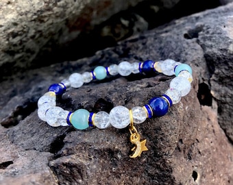 Starlight Mala Bracelet | Glowing Peruvian Amazonite | Luxury Lapis Lazuli | Clear Crackle Quartz | Moon & Star | Wellness | Alignment