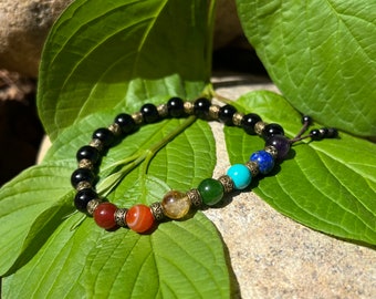 Men’s Chakra Mala Bracelet | Onyx | Red & Orange Carnelian | Citrine | Jade | Turquoise | Lapis Lazuli | Amethyst | Balances All Chakras