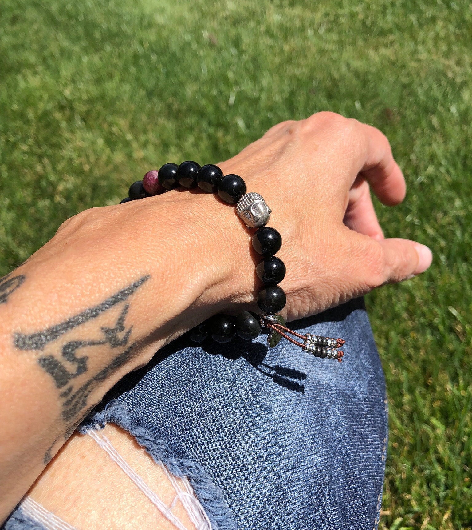 Deep Zen Mala Bracelet Spiritual Healing Mala Beads Obsidian Pink