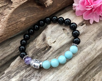 Prana Mala Bracelet | Luxury Gemstones | Black Onyx | Peruvian Amazonite | Amethyst | Healing | Eases Worry | Clears Confusion | Alignment