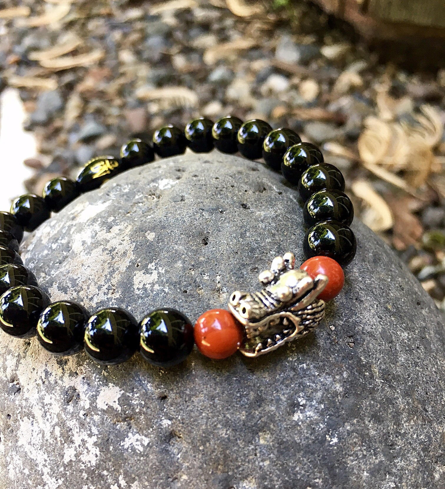 Men's Dragon Mala Bracelet Mala Beads Black Onyx Red Jasper