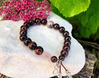 Soul Connection Mala Bracelet | Soulmate | Twin Flame | Sterling Silver Infinity Charm | Red Tiger Eye | Garnet | Rose Quartz | Rhodonite