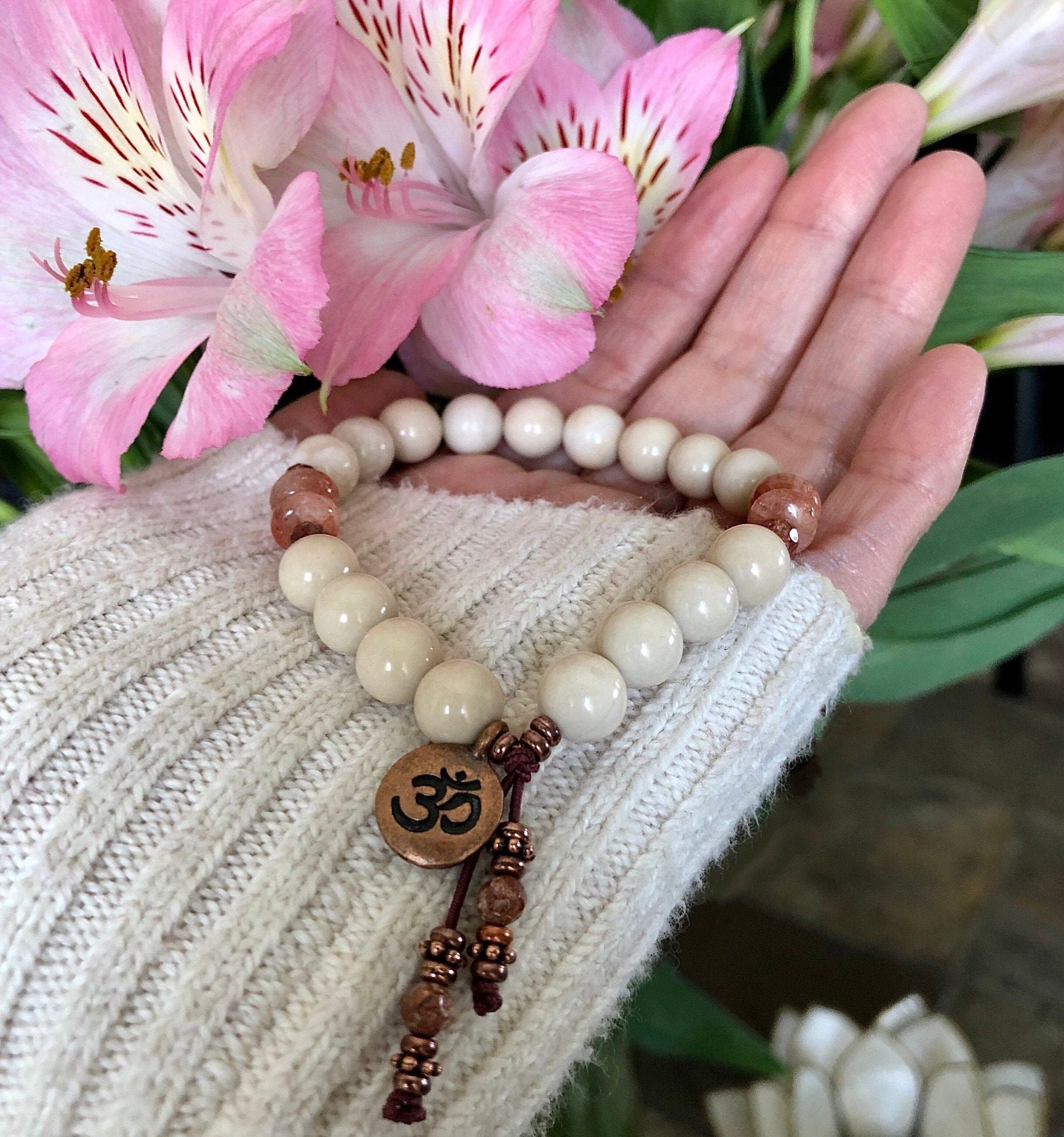 Morning Meditation Set Mala Bracelets Ivory Jasper Peach Sunstone
