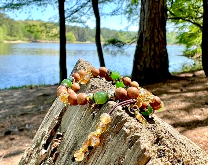 Featured listing image: NEW! Living Well Mala Bracelet | Double Wrap | Authentic Sandalwood | AAA Luxury Canadian Jade | AAA Citrine | Pyrite | Wealth | Abundance