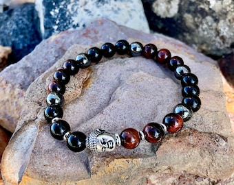 Men’s Victory Mala Bracelet | Obsidian | Red Tigers Eye | Hematite | Luxury Gemstone Mala Beads | Shields Negativity | Confidence | Passion