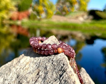 NEW! Everyday Peace Double Mala Bracelet | Natural Lavender Lepidolite | Authentic Sandalwood | Red Garnet | Feather | Om | Tranquillity