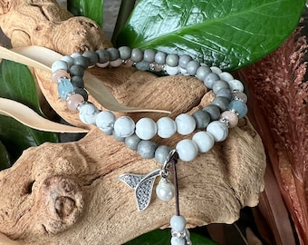 Whale Spirit Mala Bracelet | Gray Wood | Howlite | Aquamarine | Peach Moonstone | .925 Sterling Silver Charm | Relaxation | Intuition