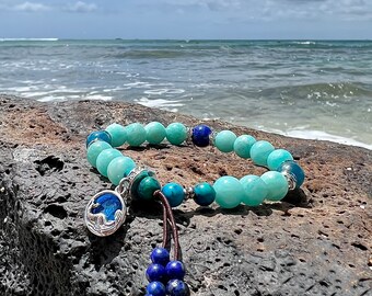 NEW! Mermaid Spirit Mala Bracelet | AAA Gemstones | Amazonite | Blue Lapis | Azurite | Apatite | .925 Silver Charm | Peace | Serenity