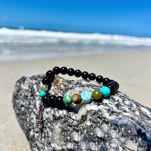 NEW! Men’s Energy Protection Mala Bracelet | Natural Multi Color Turquoise | Obsidian | Tourmaline | Onyx | Shields Energy Field From Harm