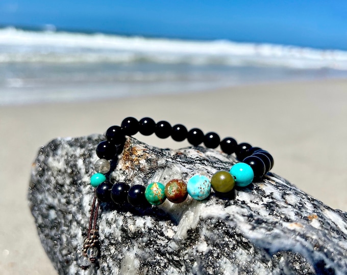 Featured listing image: NEW! Men’s Energy Protection Mala Bracelet | Natural Multi Color Turquoise | Obsidian | Tourmaline | Onyx | Shields Energy Field From Harm