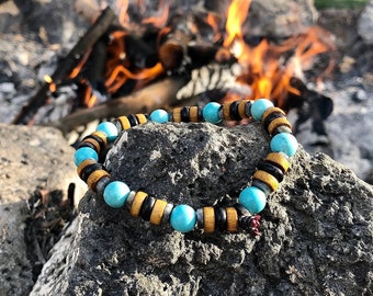 Men’s Alchemist Mala Bracelet | Authentic Arizona Turquoise | Rare Black Shungite | Larvikite | Coconut Shell | Clears Energy Imbalances