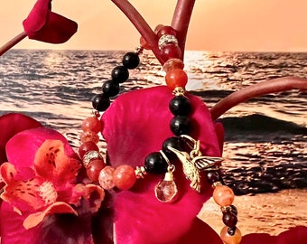 Sunset Dreams Mala Bracelet | Black Onyx | Carnelian | Sunstone | Citrine Charm | 22kt Gold Plated Hummingbird Charm | Magical Happiness