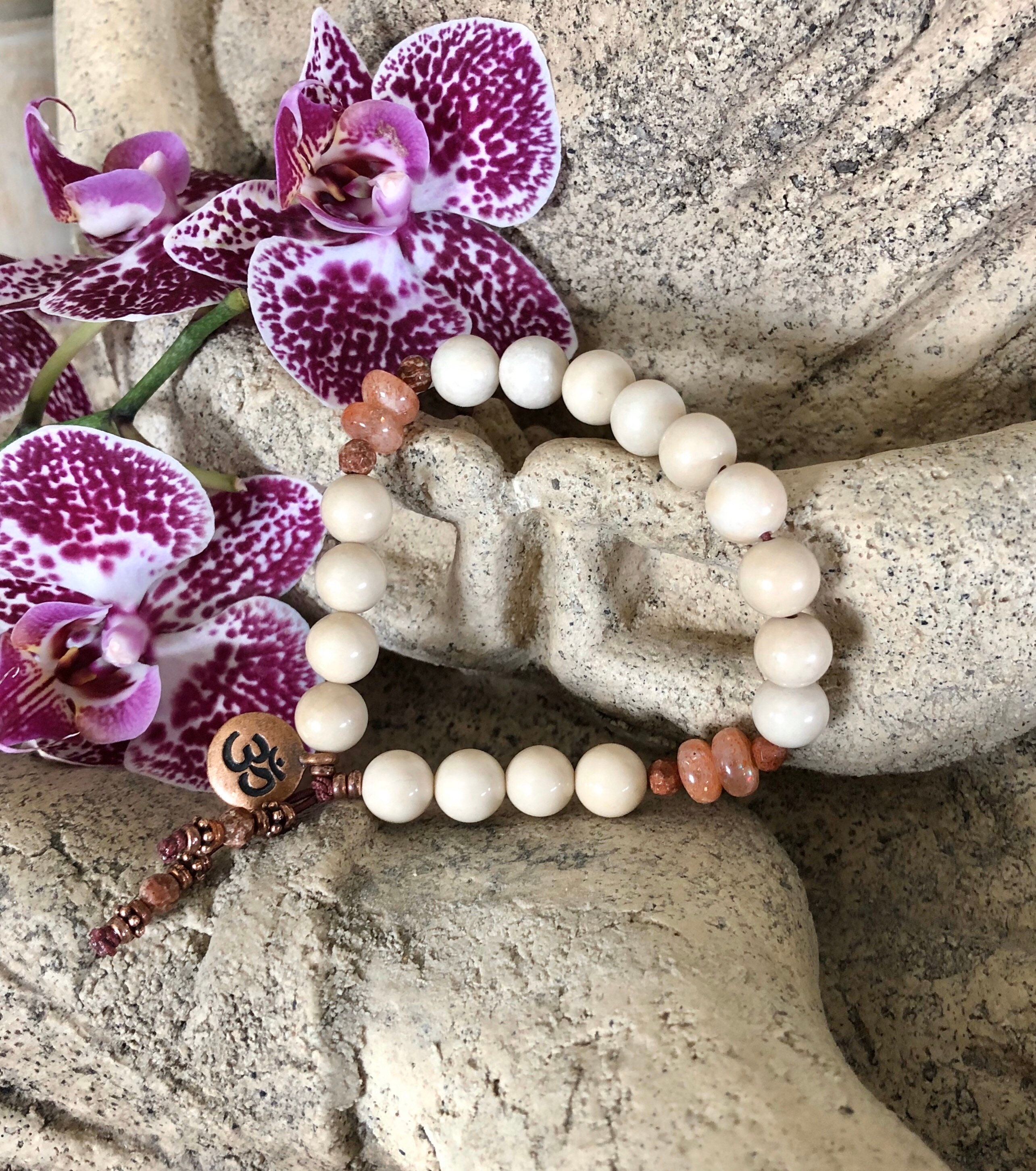 Morning Meditation Mala Bracelet Ivory Fossil Jasper Peach Sunstone