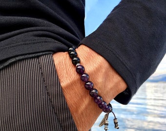 Men's Recovery Mala Bracelet | AAA Luxury Natural Gemstone Mala Beads | Amethyst | Black Onyx | Wrist Mala | Protection | Strength | Rest