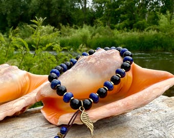 NEW! Men’s Angel of Peace Mala Bracelet | Luxury AAA Black Onyx | AA Blue Lapis Lazuli | Titanium Gold Hematite | Angel Wing | Comfort