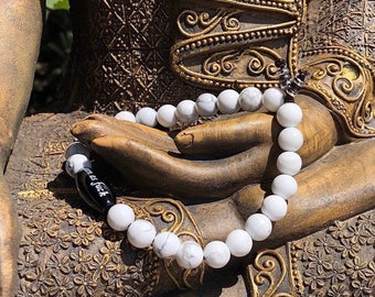 Womens Zen as F#ck Calming Mala Bracelet | White Howlite | Black Onyx | Reiki Mala Beads | Relieves Anxiety | Eases Stress and Anger