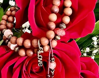 Sacred Love Double Mala Bracelet | AAA Sunstone | AAA Peach Moonstone | Natural Sandalwood | Red Garnet | Sacral Chakra | Joy | Optimism