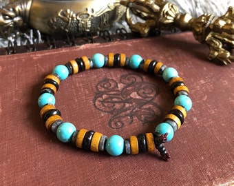 Men’s Alchemist Mala Bracelet | Authentic Arizona Turquoise | Rare Black Shungite | Larvikite | Coconut Shell | Clears Energy Imbalances