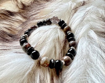 Dog Spirit Mala Bracelet | Sterling Silver CZ Paw Bead | Black Onyx | Shungite | Rainforest Agate | Dog Lovers | Gift | Mans Best Friend