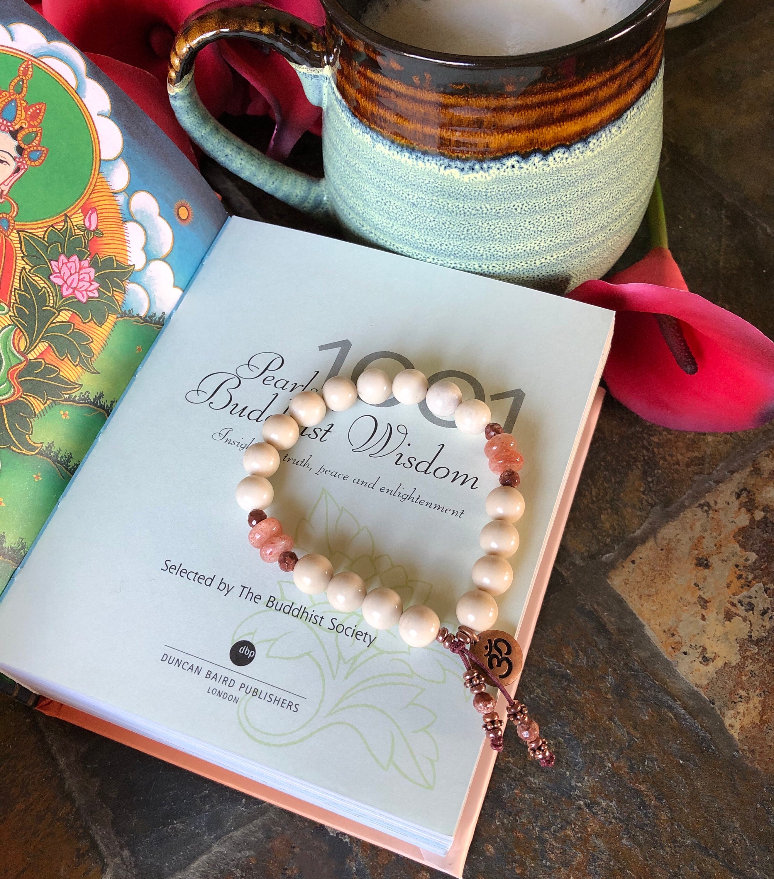 Morning Meditation Mala Bracelet Ivory Fossil Jasper Peach Sunstone
