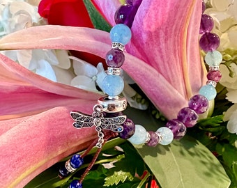 NEW! Dragonfly Spirit Mala Bracelet | Natural Ruby | Lapis | Aquamarine | Amethyst | Charoite | .925 Silver Dragonfly | Positive Change