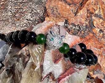 Men’s Tiger Spirit Mala Bracelet | AAA Onyx | AAA Shungite | AAA Siberian Jade | Sterling Silver Sparking Tiger Bead | Strength | Abundance