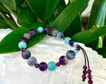 NEW! Clarity & Focus Mala Bracelet | Rare Rainbow Fluorite | Mozambique Garnet | Amazonite | Amethyst | Lifts Brain Fog | Protects the Aura