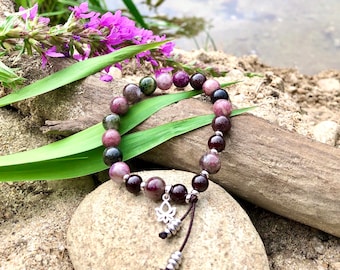 Self Care Mala Bracelet | Luxury Rainbow Tourmaline | Brazilian Red Garnet | .925 Sterling Silver Lotus | Balance | Protection | Self Love