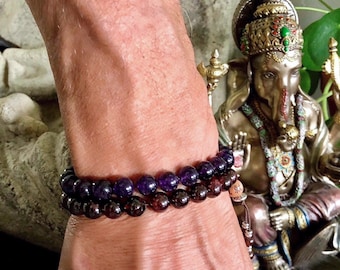 Men’s Shiva Double Mala Bracelet | Luxury Natural Gemstone Mala Beads | Amethyst | Red Garnet | Onyx | Eases Worry | Boosts Strength & Drive