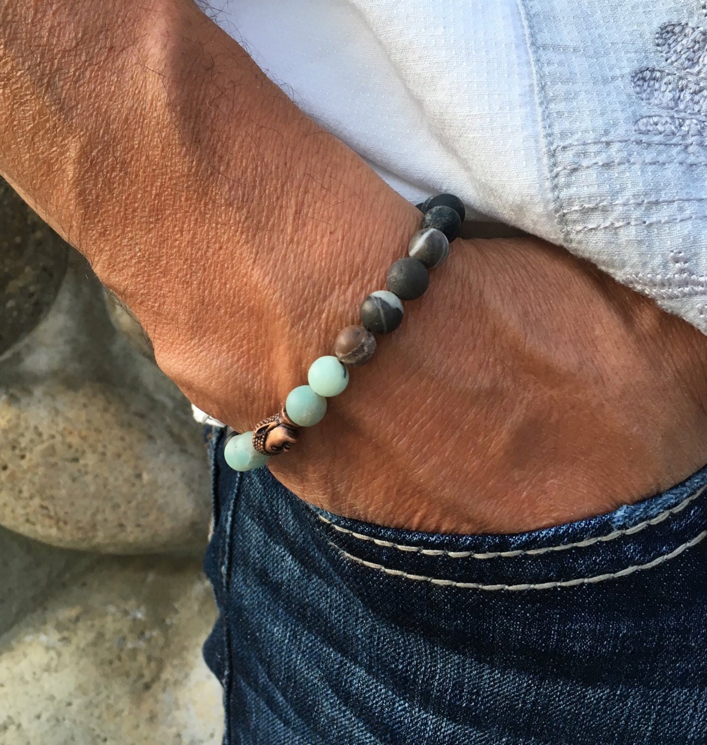 Men S Success Mala Bracelet Frosted Amazonite Mala Beads Unique Wrist Mala Reiki Healing Communication Luck Abundance