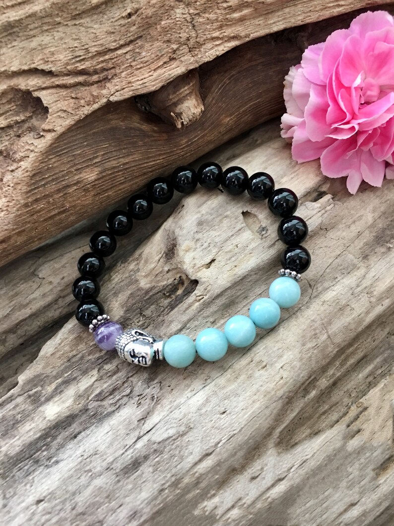 Meditation Black Onyx Alignment Prana Mala Bracelet Amethyst Crystal Mala Beads Reiki Healing Clears Confusion Amazonite