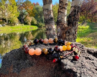 Brave Spirit Mala Bracelet | AAA Gemstones | Red Garnet | Peach Sunstone | Red Tiger Eye | Golden Tiger Eye | Pietersite | Smoky Quartz