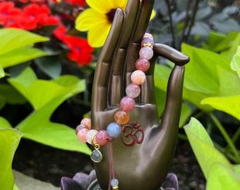 Pink Sunrise Mala Bracelet | Rare Pink Botswana Agate | Natural Ruby | 24kt Gold Labradorite Charm | Eases Sadness | Infuses & Attracts Love