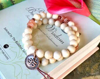 Morning Meditation Double Mala Bracelet | Ivory Fossil Jasper | Peach Sunstone | AAA Natural Gemstones | Optimism | Peace | Self Love