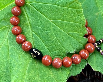 Men’s Perseverance Mala Bracelet | AAA Luxury Red Jasper | Carved Onyx | Buddhist Mani Mantra | Increases Energy | Grounding | Stress Relief