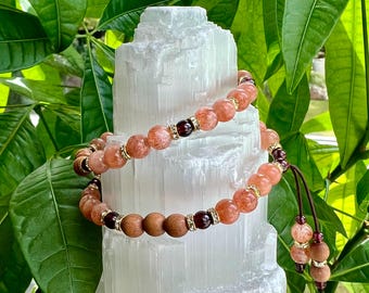Firefly Double Mala Bracelet | Gorgeous Natural AAA Sunstone | Authentic Sandalwood | AAA Garnet | Optimism | Energy Regenerating