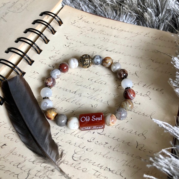 Old Soul Mala Bracelet | AAA Laguna Lace Agate | AAA Moonstone | Engraved Red Carnelian | Balances Chakras | Trust | Psychic Intuition