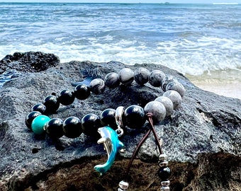 Dolphin Spirit Mala Bracelet | Grey Crazy Lace Agate | Black Onyx | Turquoise | .925 Sterling Silver | Playfulness | Protection | Purpose