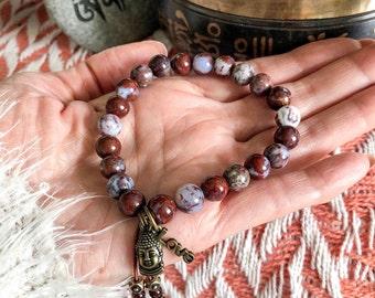 Buddha’s Love Mala Bracelet | Unique Blood Lace Agate Gemstones | Garnet Tassel | Buddha Charm | Love Charm | Balance | Harmony | Stability