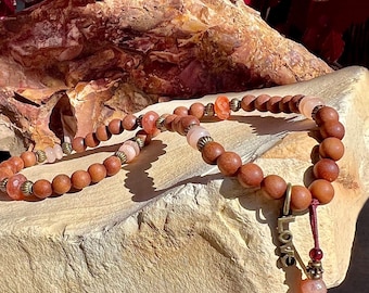 Sacred Love Mala Bracelet | Beautiful Natural Sandalwood | AAA Sunstone | AAA Peach Moonstone | Garnet | Sacral Chakra | Joy | Optimism