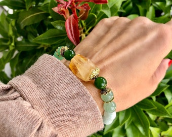 Manifest Mala Bracelet | Luxury AAA Gemstones | Rare Green Rutilated Quartz | Citrine | Adventurine | Jade | Green Moonstone | Smoky Quartz