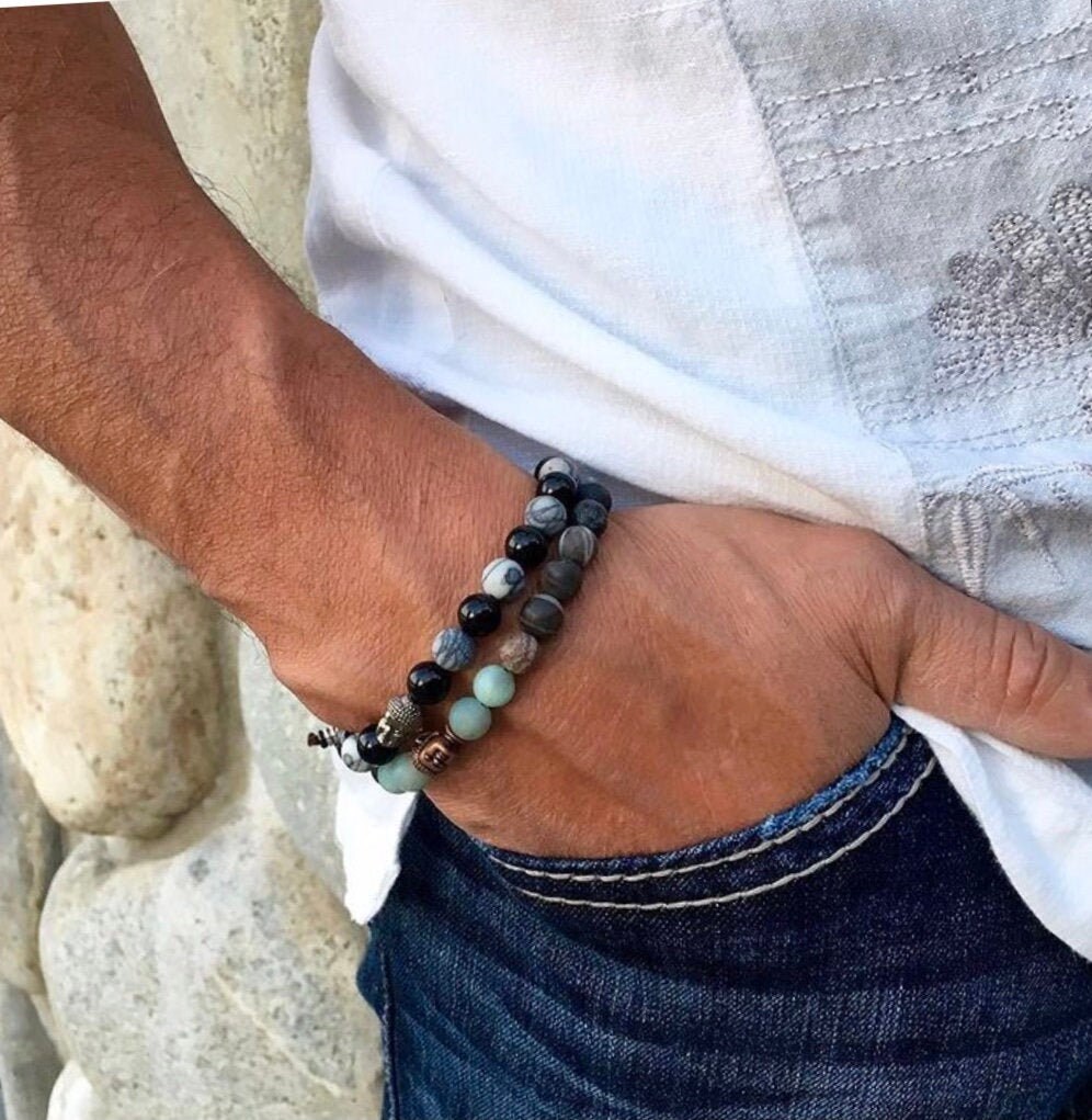Men S Motivation Set Two Mala Bead Bracelets Amazonite Zebra Jasper Black Onyx Healing Reduces Pain Increases Energy Success